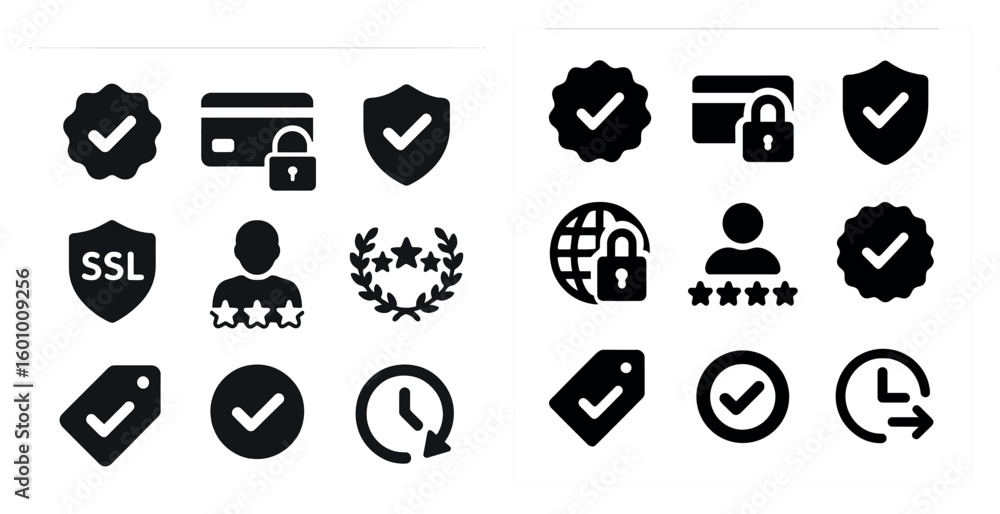 Poster set of icons for various security measures. the icons include a lock, a shield, a person with a badg