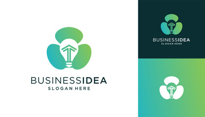 Silhouette of light bulb and growth arrow in clover leaf logo design ideas. Abstract vector green shamrock and up arrows, icon template.
