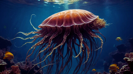 Abstract underwater scene featuring marine organisms in fluid motion, representing the beauty of aquatic life, liquid art, and marine biology. Vivid colors and flowing forms 