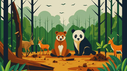 Unique vector icon illustration depicting the danger of deforestation to animals. A split-scene concept showing one side with lush forest and happy wildlife, and the other side with stumps, smoke