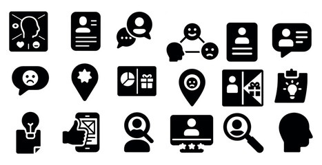 Collection of icons that include a thumbs up, a smiley face, a frowning face, a person looking at a computer screen, a person looking at a phone, a person looking at a tablet, a person looking at a