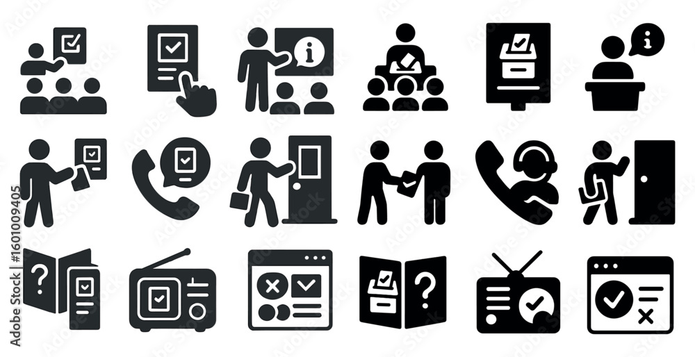 Poster collection of icons that represent various aspects of communication and interaction. the icons inclu