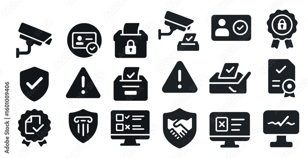 Poster collection of icons for various security and privacy features. the icons include a camera, a key, a 