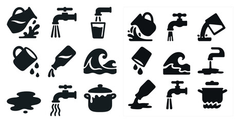 The image is a collection of various water-related icons, including a cup, a pot, a sink, and a faucet. The icons are all black and white, and they are arranged in a grid-like pattern