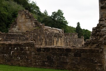 he ruins of an old stone structure with trees in the background in Mount Grace Priory - East Harlsey - North Yorkshire - UK