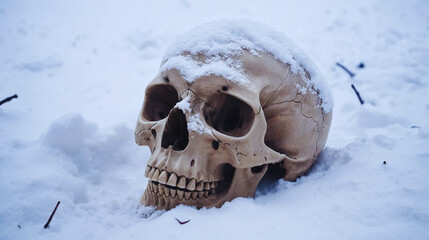A human skull partially buried in snow during heavy winter snowfall, symbolizing global extinction, climate crisis, and the harsh consequences of environmental collapse. High-resolution conceptual