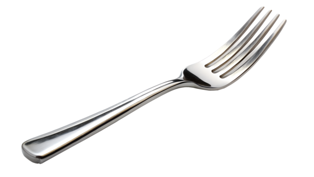 A single shiny silver fork is isolated on a transparent background ready for use