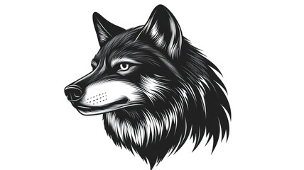 Fototapeta premium A fierce black wolf head illustration with sharp features and intense gaze for wildlife design on white background 