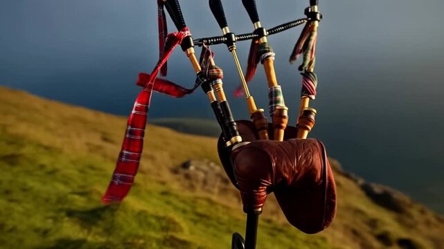 Skilled musician playing bagpipes passionately on Bagpipe Appreciation Day against a misty Scottish highland backdrop with copy space