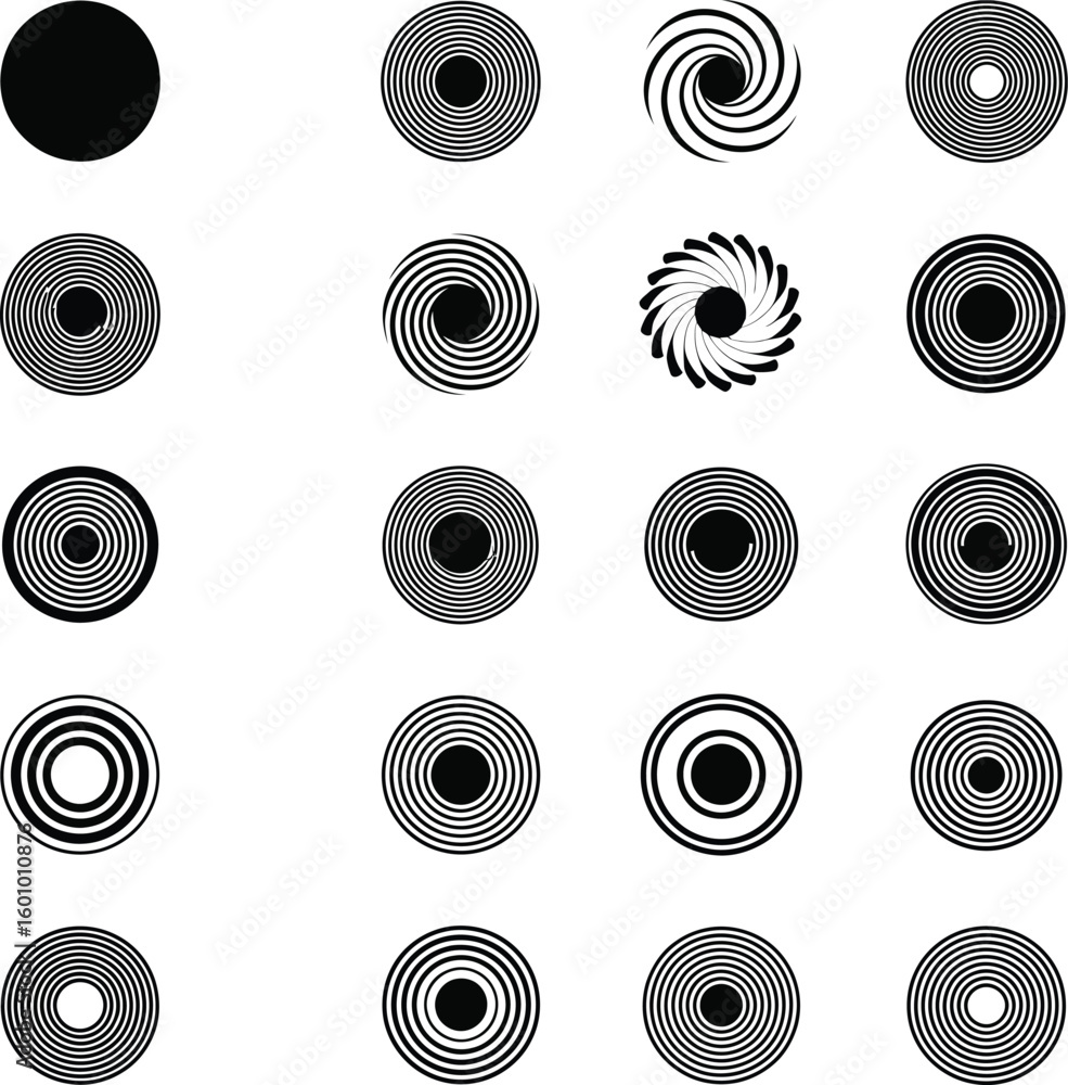 Poster black and white circle pattern vector set concentric shapes spiral design elements abstract graphic 
