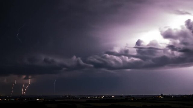 A nighttime thunderstorm displays bright lightning bolts illuminating dark, ominous clouds. Distant city lights twinkle below. The sky is deep shades of purple