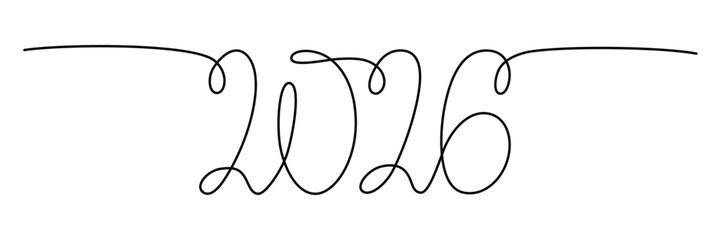 2026 sign - decoration continuous line hand drawing sign for year calendar. Vector stock illustration minimalism design isolated on white background. Editable stroke single line. 