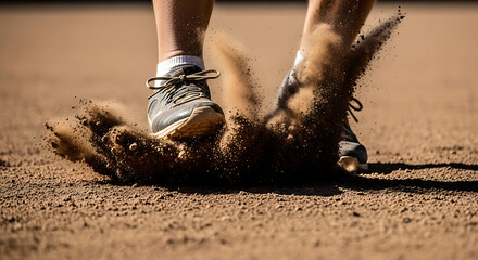 A close up shot showcasing athletic shoes kicking up dirt creating a dynamic abstract composition