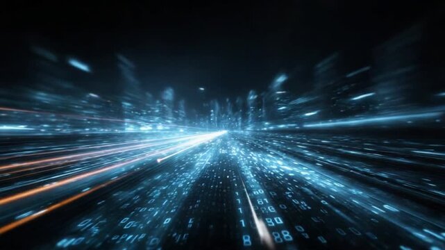 Blurry image of data stream, with blue lights forming digital highway in darkness