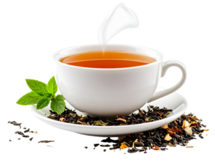 Side View of Steaming Herbal Tea Cup with Loose Leaves Around Base, Isolated on Transparent Background