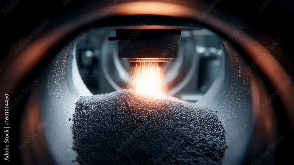 Aufkleber inside a laser sintering machine, a laser beam melts metal powder, layer by layer, creating a three 