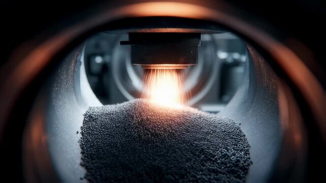 Inside a laser sintering machine, a laser beam melts metal powder, layer by layer, creating a three dimensional object in an advanced additive manufacturing process