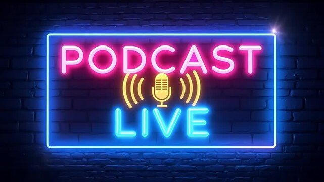 Podcast live neon sign background for streaming and recording studio setup and design ideas