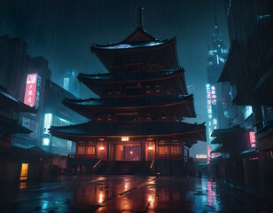 Cyberpunk temple, japanese abstract illustration, futuristic city, dystoptic artwork at night, 4k wallpaper. Rain moody empty future., night view of the temple