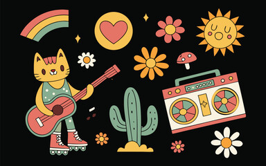 Colorful retro psychedelic doodle collection featuring peace signs flowers cats guitars mushrooms roller skates and whimsical