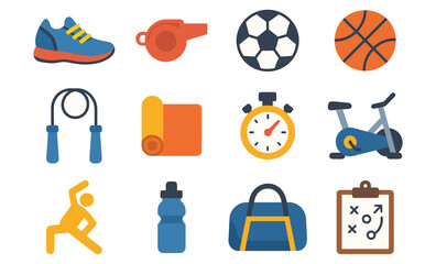 Flat style fitness and sports equipment icons: sneakers, ball, timer, yoga mat