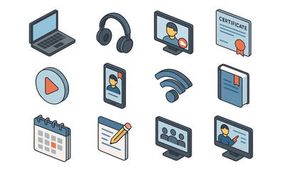 Isometric icons representing online learning and communication tools