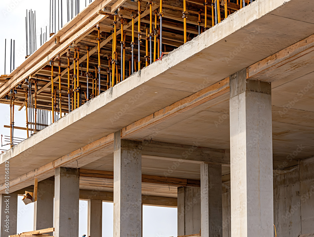 Poster construction progress: concrete building with support structures in place, showcasing ongoing constr
