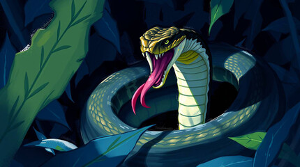 A coiled snake with its mouth open and tongue extended, surrounded by leaves in a dark setting.