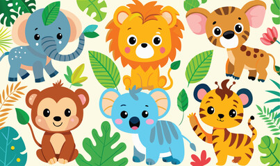 Naklejka premium Cartoon animals like elephant, lion, monkey, tiger, and koala are standing near jungle foliage