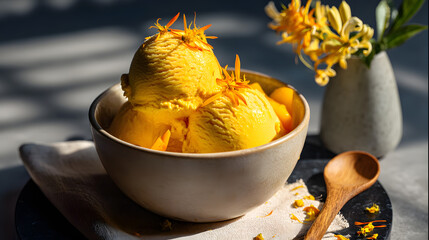 A porcelain bowl filled with two scoops of vibrant mango ice cream