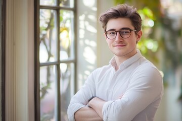 Smiling young businessman standing with arms crossed in a modern office setting, radiating confidence and professionalism