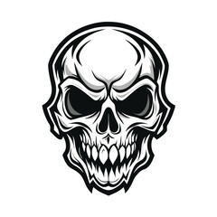 Fototapeta premium A stylized skull displays menacing black eyes and detailed bone structure on the white background