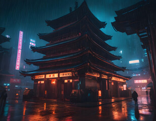 Cyberpunk temple, japanese abstract illustration, futuristic city, dystoptic artwork at night, 4k wallpaper. Rain moody empty future., night view of the temple