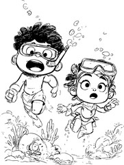 Coloring page of two surprised children diving underwater with goggles, surrounded by coral reefs and bubbles, perfect for imaginative ocean-themed coloring fun.
