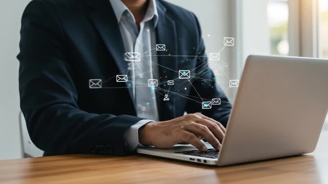 A person in business attire is typing on a laptop, with email icons floating above, suggesting digital communication - Powered by Adobe