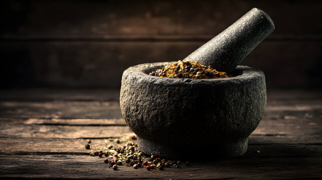 A rough granite mortar and pestle filled with crumbles of pepper