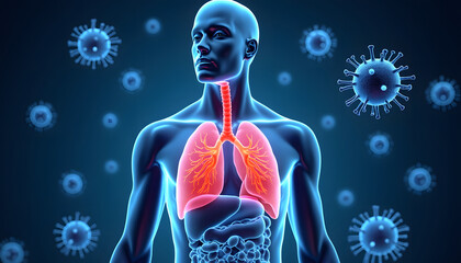 A detailed 3d medical illustration of the human respiratory system under viral attack.