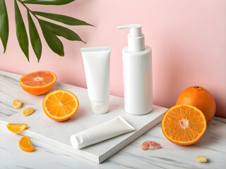Orange cosmetic cream, beauty lotion, and juice are in plastic and glass containers for clean body care