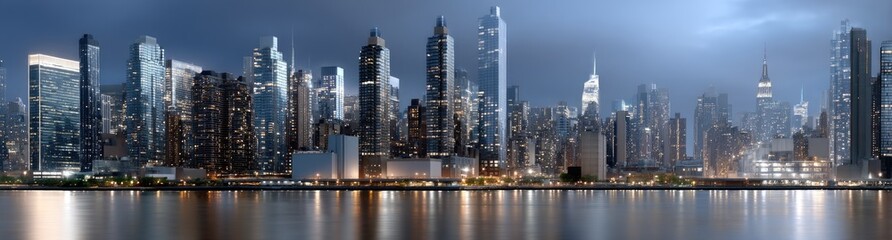 Obraz premium Skyscrapers glow under a dark purple sky, highlighting the vibrant nightlife and urban energy of the bustling city after sunset.