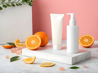 Orange cosmetic cream, beauty lotion, and juice are in plastic and glass containers for clean body care