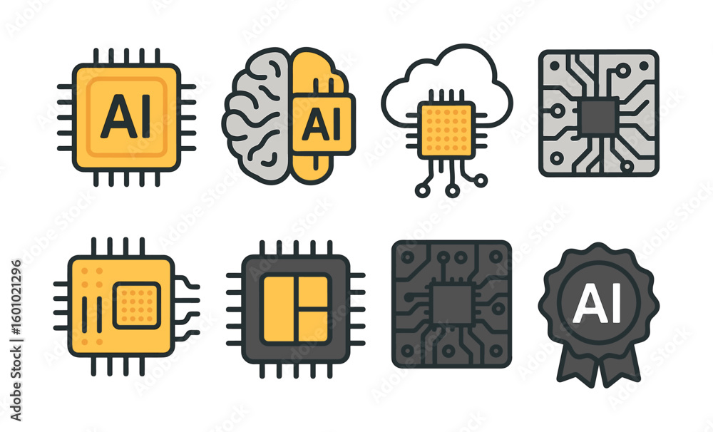 Poster ai technology icons set: modern neural network and microchip designs