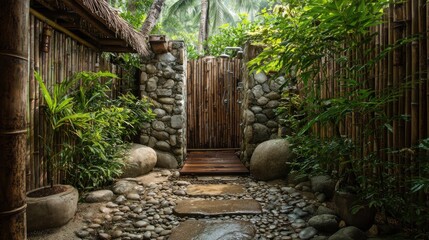 Tropical outdoor shower in a secluded bamboo garden