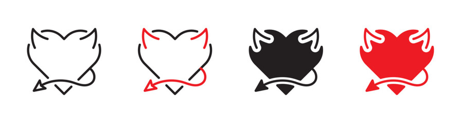 Devil heart icon set. Heart shape with horns and a demon's tail. Decoration element. Heart black and red symbol, sign. Vector illustration. Editable stroke. Flat design.