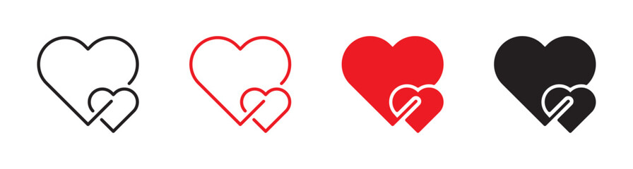 Hearts line icon set. Feelings, romance, love, valentine, falling in love, sympathy concept. Heart black and red symbol, sign. Vector illustration. Editable stroke. Flat design.