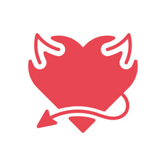 Devil heart icon. Heart shape with horns and a demon's tail. Decoration element. Heart red symbol, sign. Vector illustration. Editable stroke. Flat design.