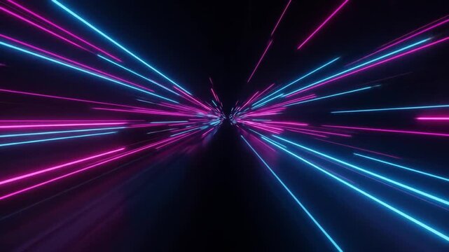 A perspective view shows parallel neon lines of magenta and cyan converging towards a dark vanishing point. They radiate with an ethereal glow