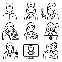 Women in Healthcare Icons. Outline style icons of Women in Healthcare: female surgeon, nurse leader, female pharmacist, research