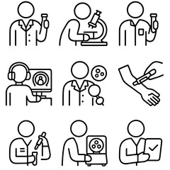 Lab Diagnostics Icons. Outline style icons of Lab and Diagnostics Staff: lab coat with vial, microscope worker, lab tech with test