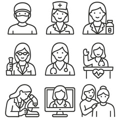 Women in Healthcare Icons. Outline style icons of Women in Healthcare: female surgeon, nurse leader, female pharmacist, research