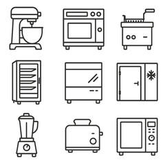 Kitchen Appliance Icons. Outline style icons of Commercial Kitchen Appliances: industrial mixer, restaurant oven, commercial fryer